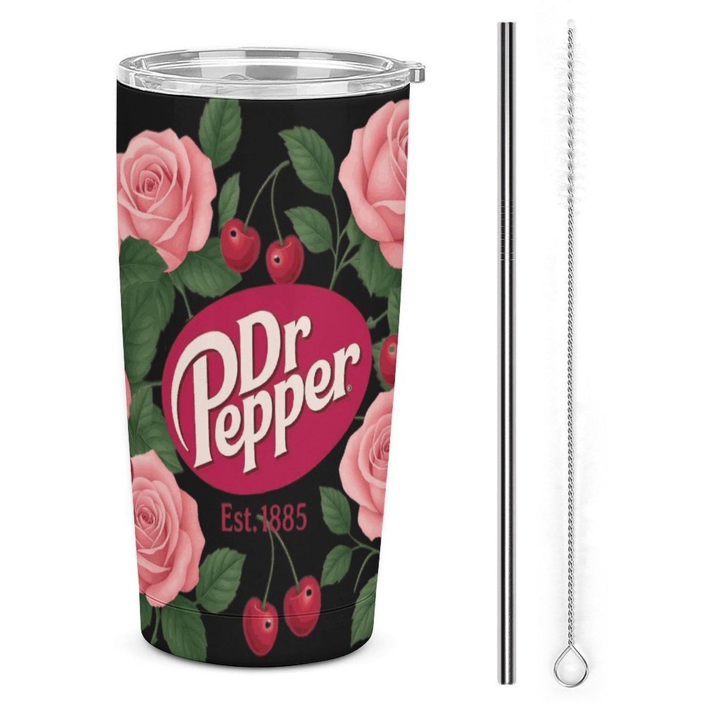 Dr. Pepper Black & Pink Floral Tumbler with Straw | Vintage Cherry Rose Insulated Travel Cup | 20oz Stainless Steel Tumbler