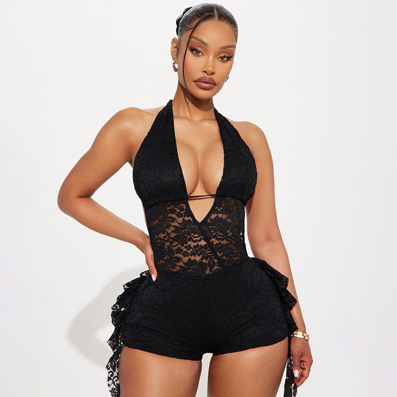 Sexy Lace Spliced Halterneck Bodysuit – Open Back Ruffle Hem One Piece | Women’s Backless Summer Outfit, Night Out Clubwear
