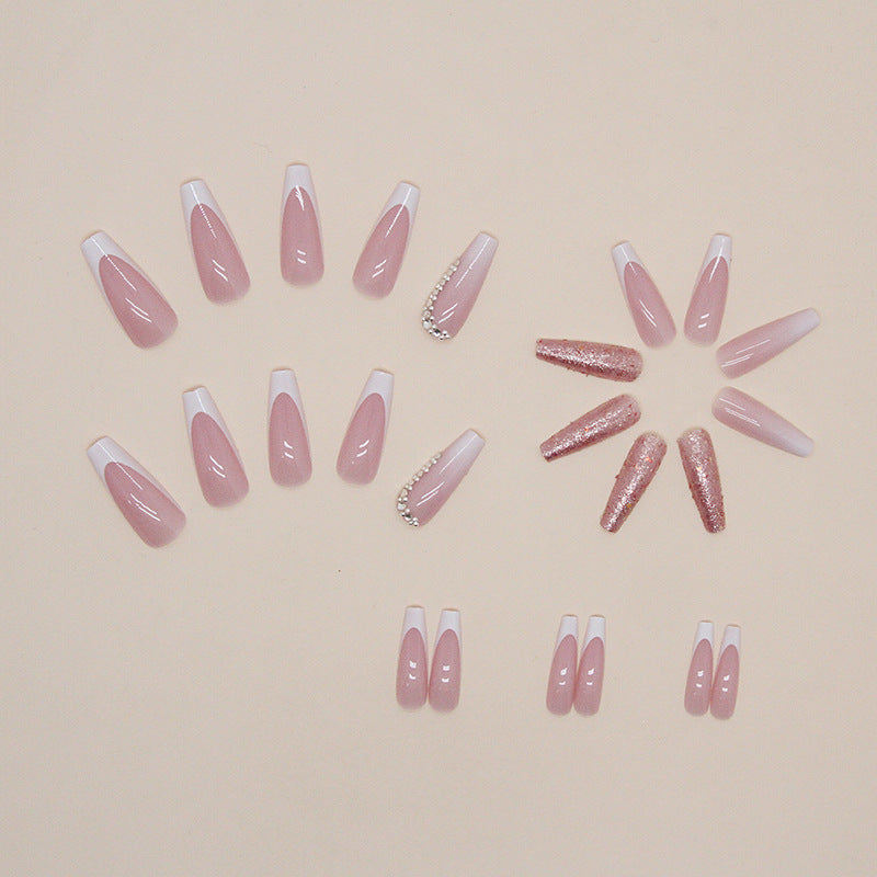 Women's Fashion Simple French Gradient Length Pile Rhinestone Fake Nails