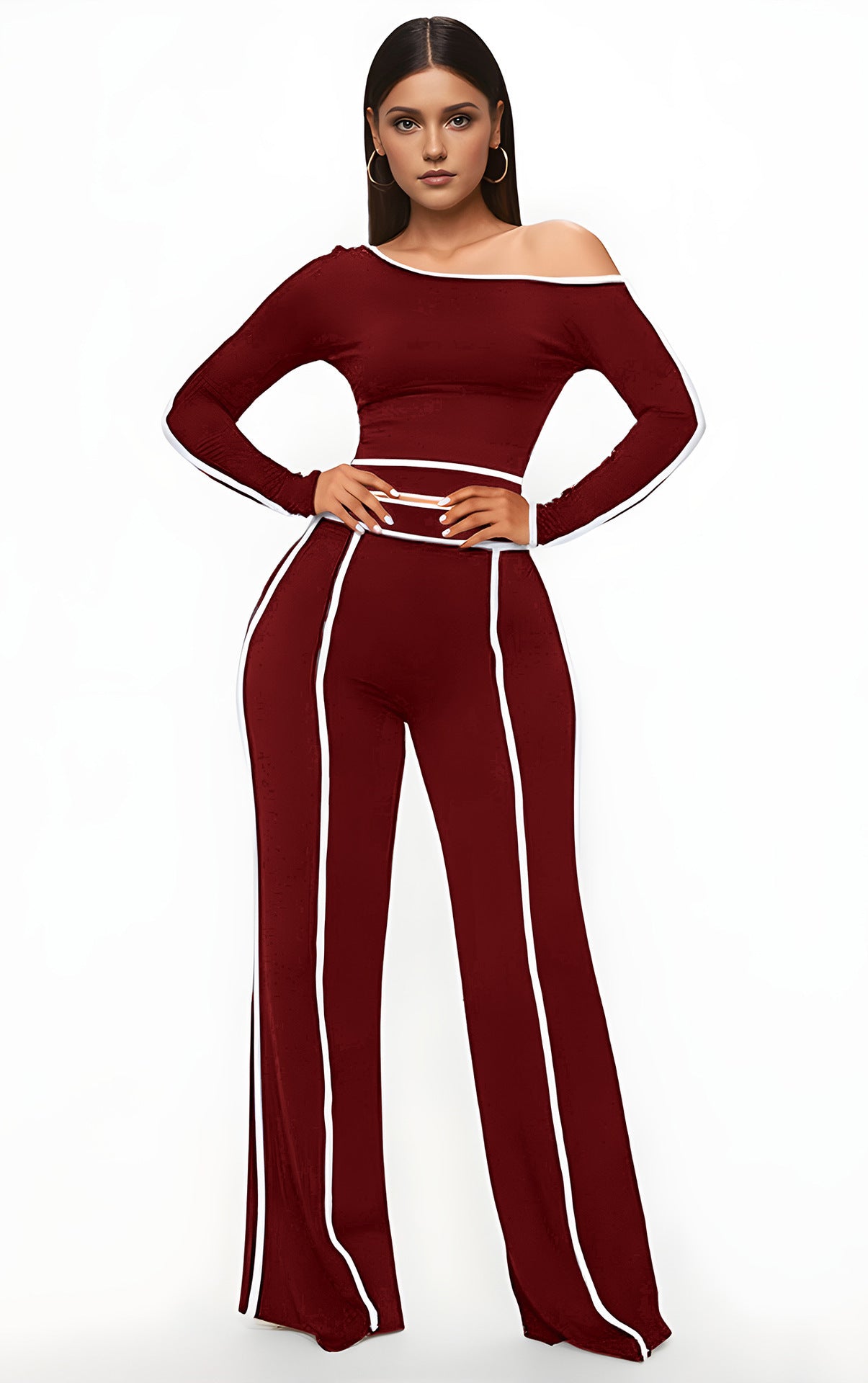 Women’s Commute Leisure Two-Piece Set – Diagonal Collar Top & High Waist Trousers | Chic Long Sleeve Stitch Set | Elegant Casual Outfit for Work or Brunch