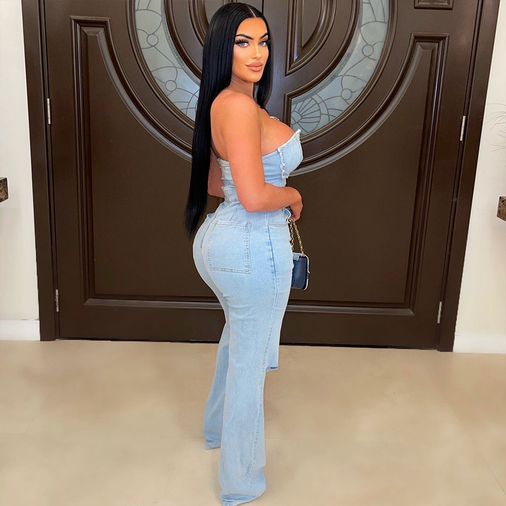 Women’s V-Neck Denim Jumpsuit with Distressed Holes & Zip Pockets | Sexy Streetwear One-Piece Outfit | Casual Chic Denim Romper for Women