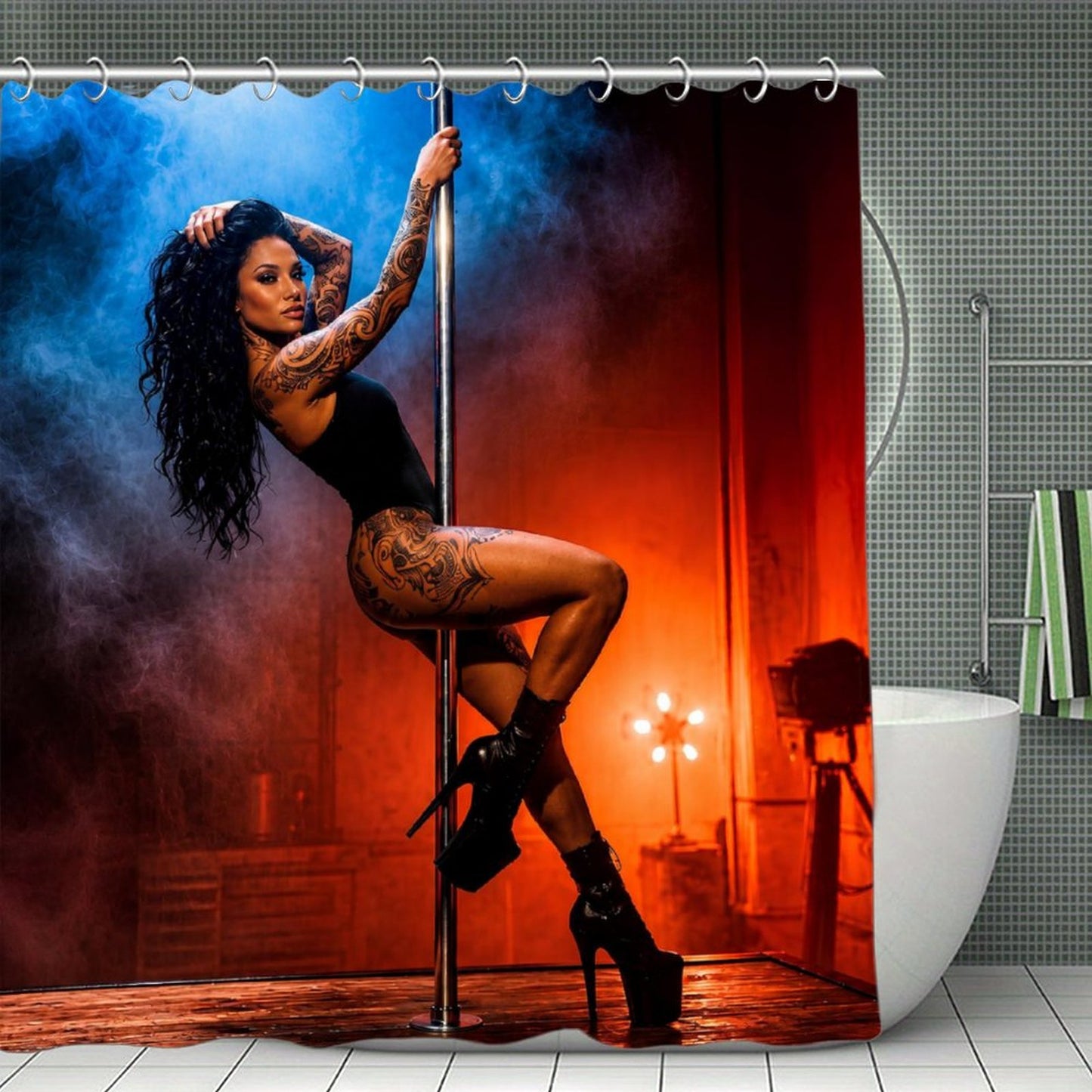 Tattooed Pole Dancer Shower Curtain, Sexy Gothic Bathroom Decor, Romantic Moody Bathroom Curtain, Alternative Bathroom Art, Edgy Tattoo Woman Bath Decor
