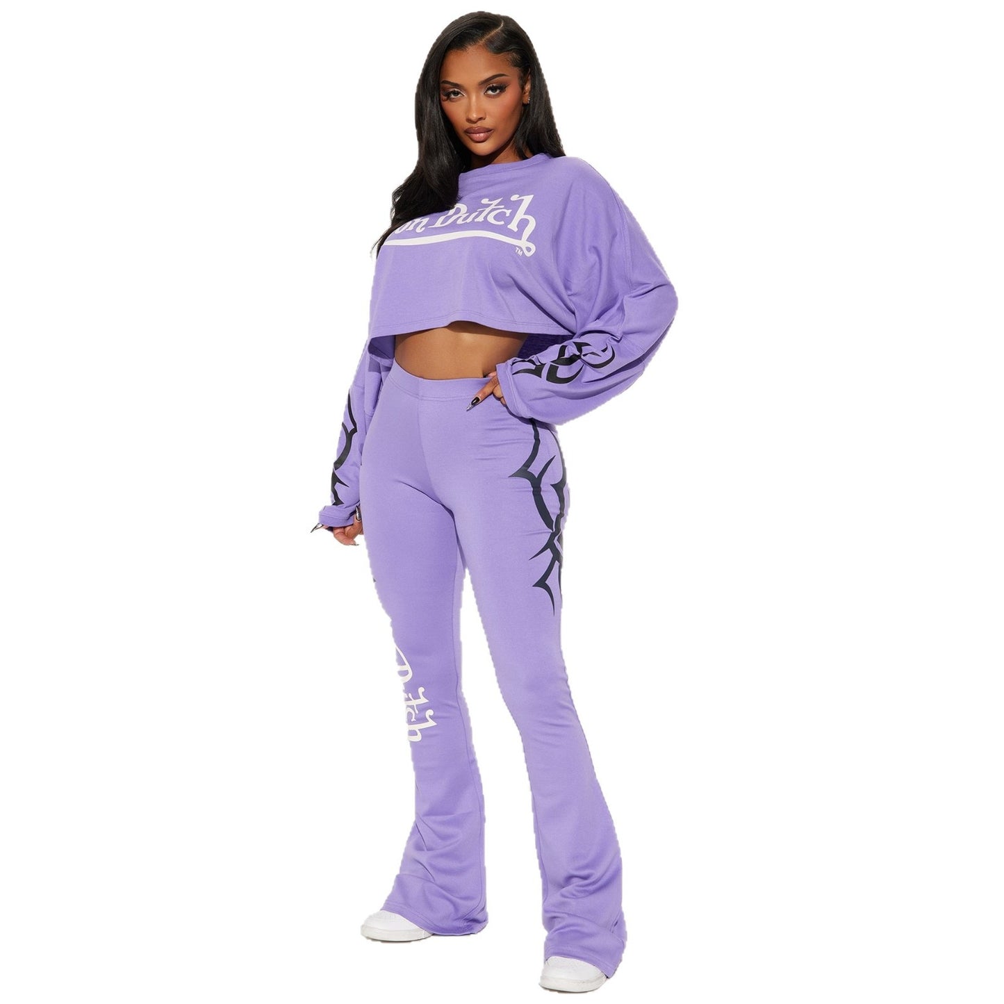 Women’s Casual 2-Piece Set – Solid Color Letter Print Cropped Top & High-Waist Pants | Trendy Streetwear Lounge Set for Everyday Style