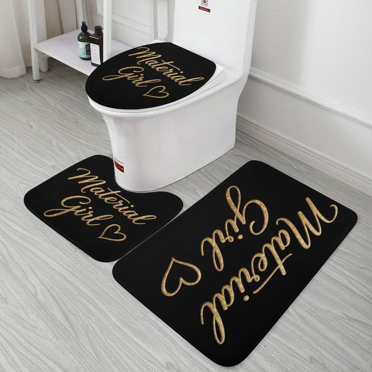 Material Girl Bathroom Mat Set, Black Gold Glam Bath Rugs, 3 Piece Toilet Mat Set, Luxury Bathroom Decor, Boss Lady Bath Set