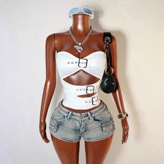 Off-the-shoulder Strapless Hollow-out Fashionable Cropped Tank Top