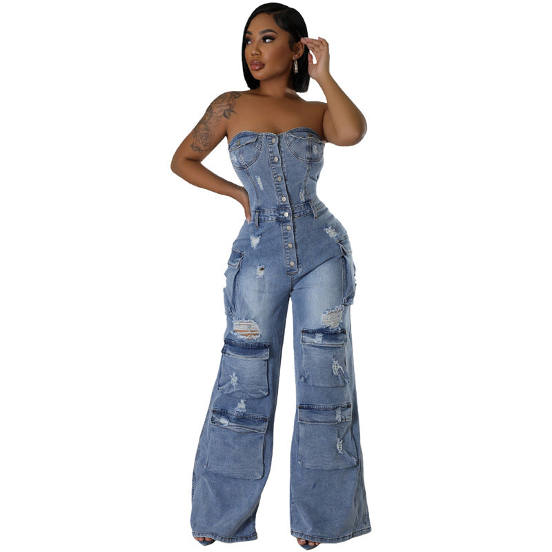 Women’s Sexy Backless Denim Jumpsuit – Slim Fit Stretch Flared Leg Sleeveless Romper | Trendy Streetwear Outfit for Summer, Night Out & Casual Chic Looks