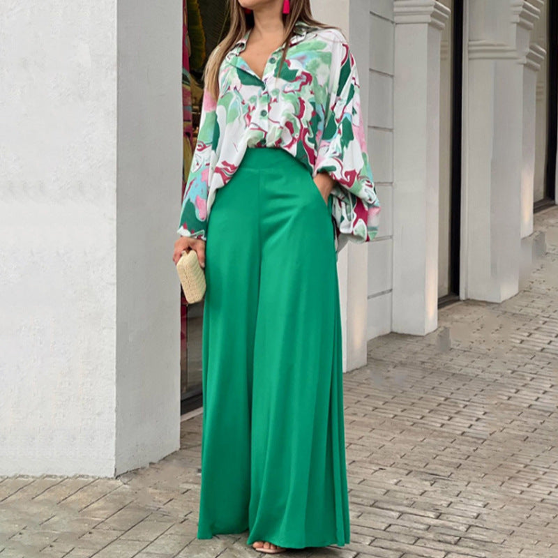 Loose & Elegant Casual Printed Shirt Top + Wide-Leg Pants Set | 2-Piece Fashion Outfit for Women