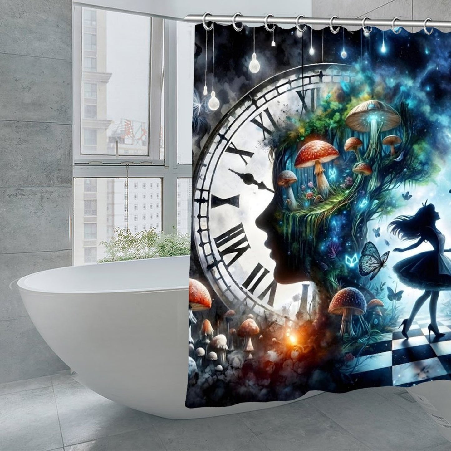 Midnight Wonderland Dreamscape Shower Curtain – Surreal Fantasy Mushroom Forest with Cosmic Clock & Enchanted Silhouette