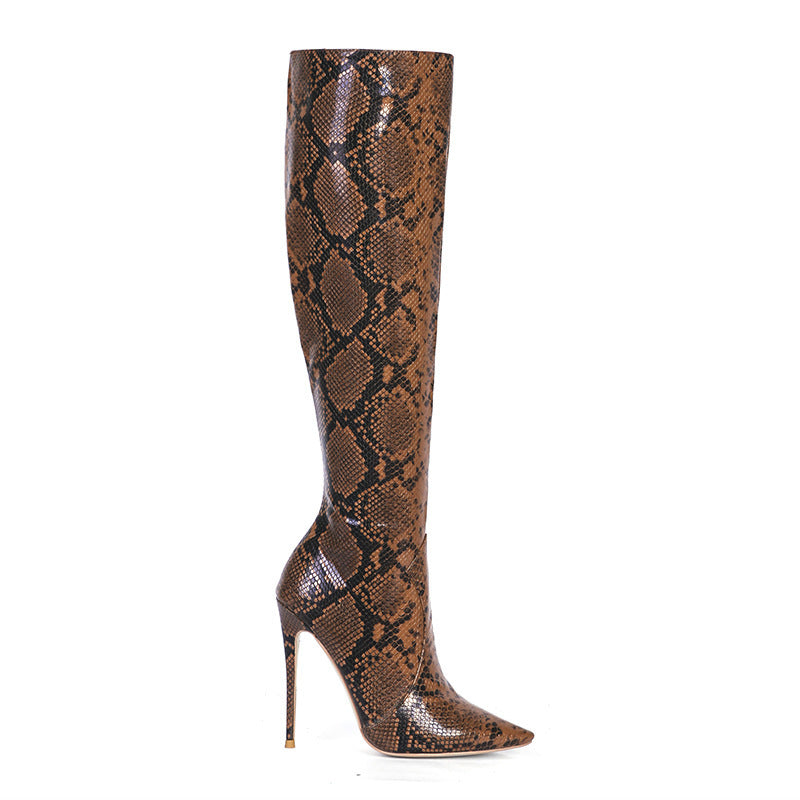 Spring And Autumn New Stiletto Heel High Heels Side Zipper Snake Pattern High-top Boots