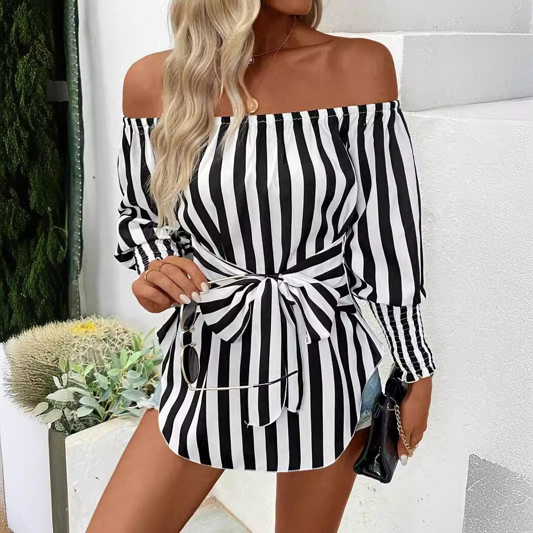 Chic Black and White Lantern Sleeve Blouse – Women’s Shoulder-Baring Elegant Statement Top