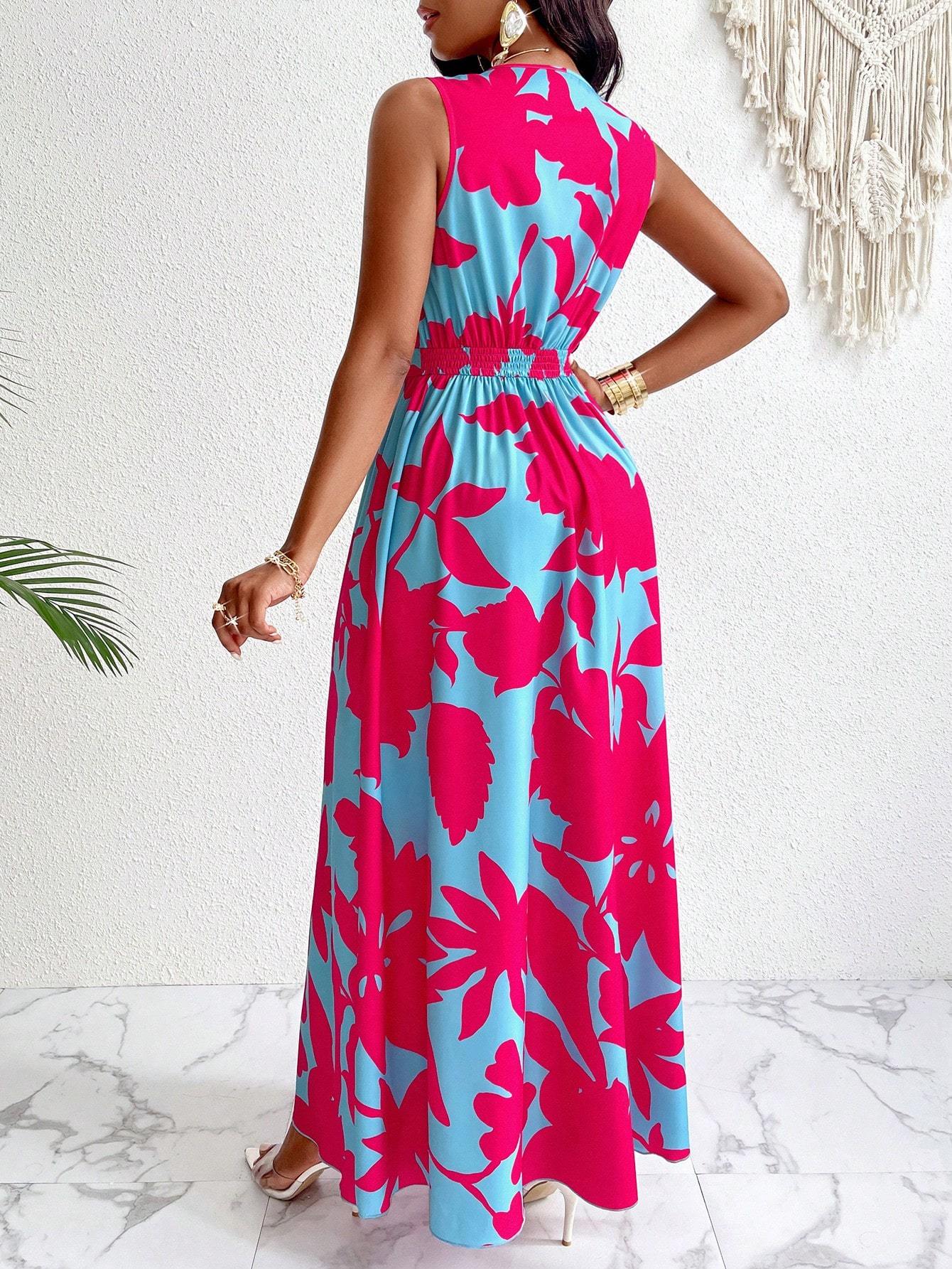Deep V Neck Fit & Flare Maxi Dress – Elegant Cinched Waist Women's Evening Gown