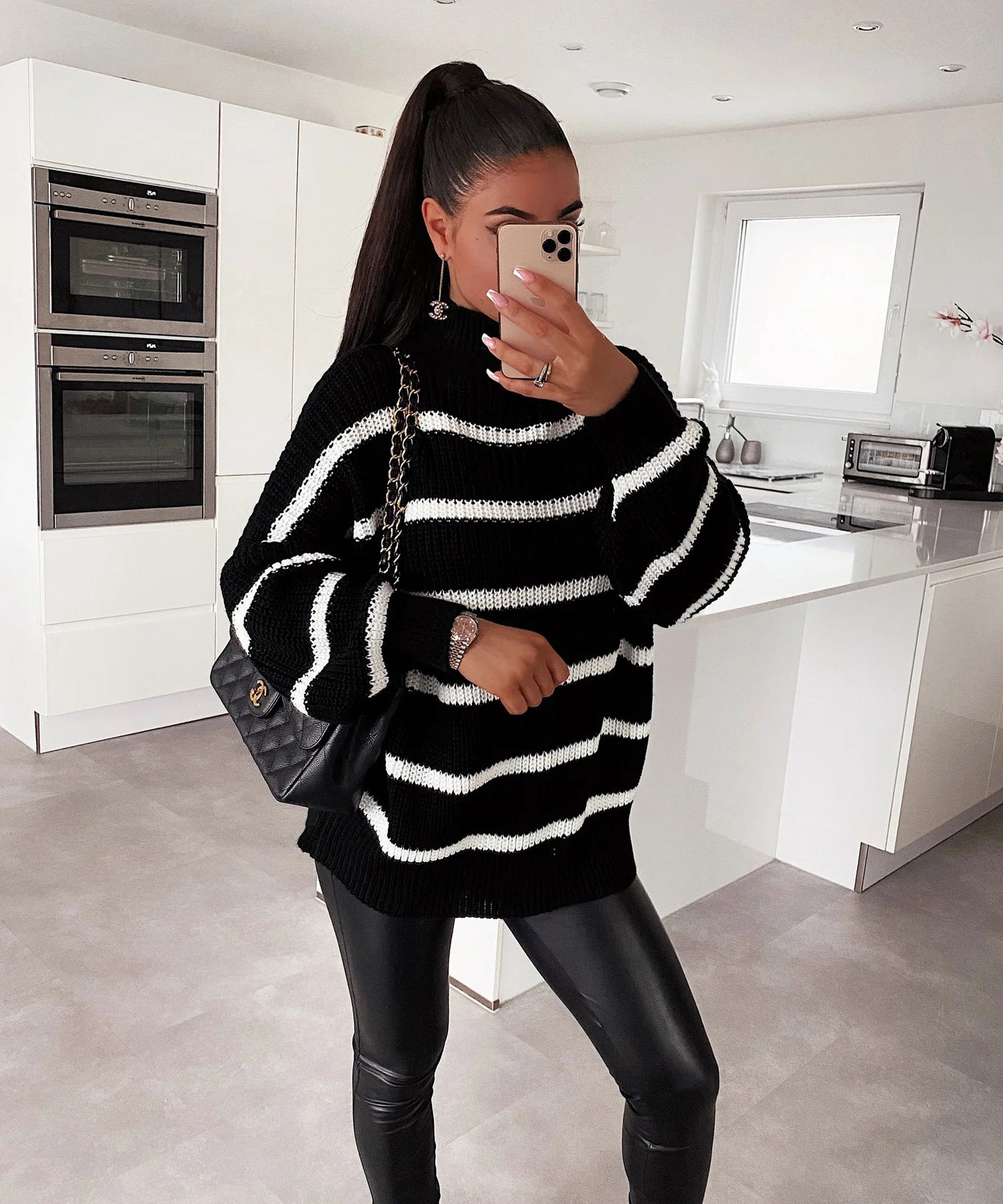 Loose Striped Mock-Neck Knitwear Pullover | Contrast Color Oversized Sweater for Women | Cozy Fall Winter Fashion | Casual Streetwear Sweater Top