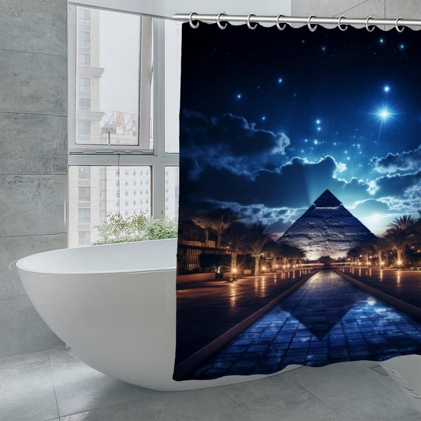 Midnight Pyramid Oasis Shower Curtain – Starry Night Sky & Egyptian Desert Landscape Bathroom Decor – Luxury Blue & Gold Bathroom Aesthetic