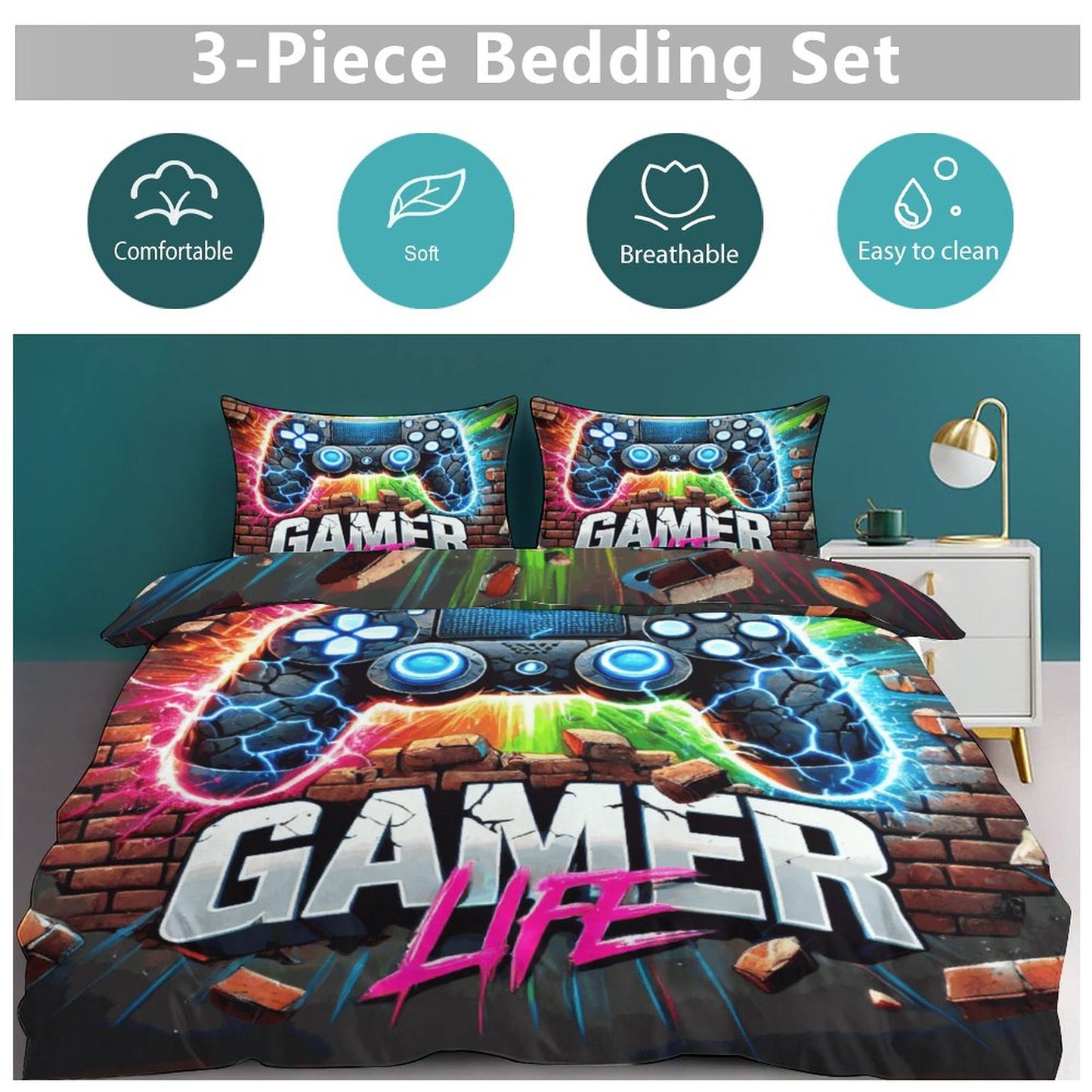 Boys Gamer Life 3-Piece Bedding Set – Dual-Sided Printing – 86"x70" Comforter with Pillowcases – Video Game Bedroom Decor