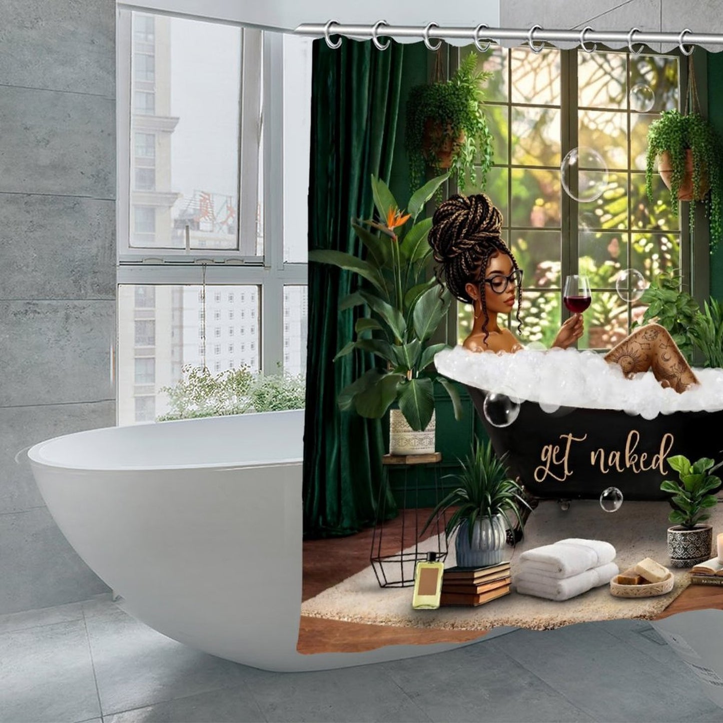 Boho Black Girl Shower Curtain Set, Green Botanical Bathroom Decor, Afro Queen Bubble Bath Curtain, Melanin Bathroom Aesthetic, Get Naked Bath Decor