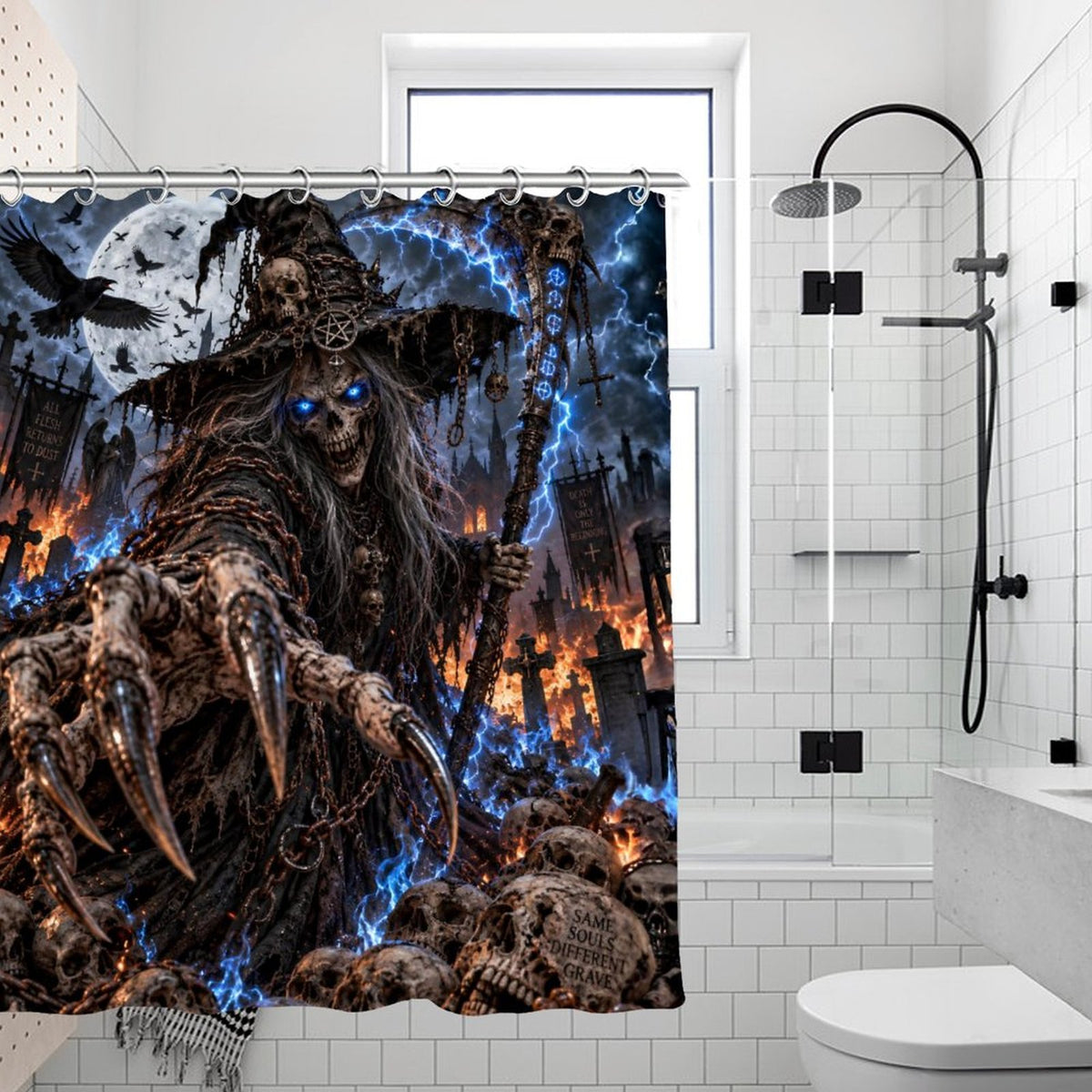 Gothic Grim Reaper Shower Curtain, Undead Witch Skull Bathroom Decor, Blue Lightning Horror Curtain, Dark Fantasy Halloween Bath Decor