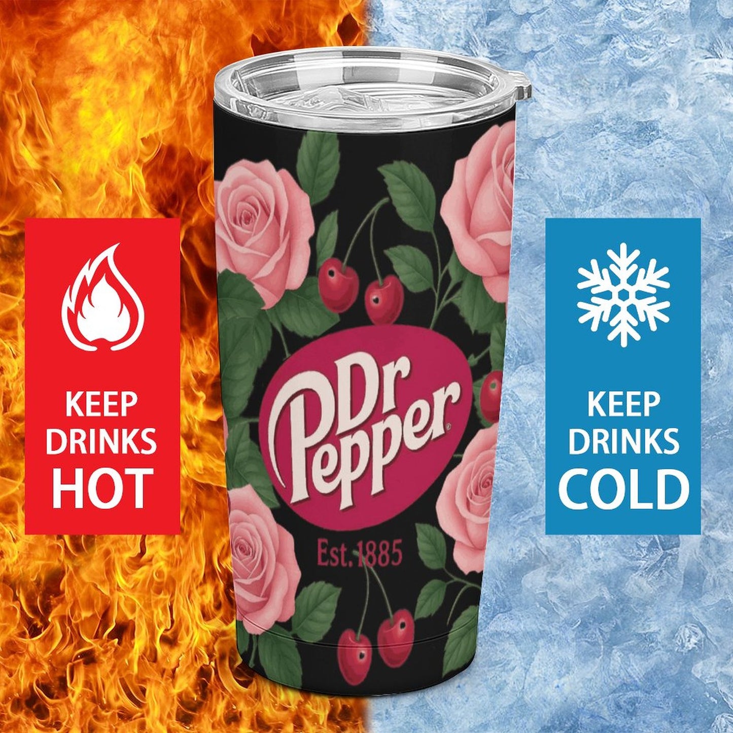 Dr. Pepper Black & Pink Floral Tumbler with Straw | Vintage Cherry Rose Insulated Travel Cup | 20oz Stainless Steel Tumbler