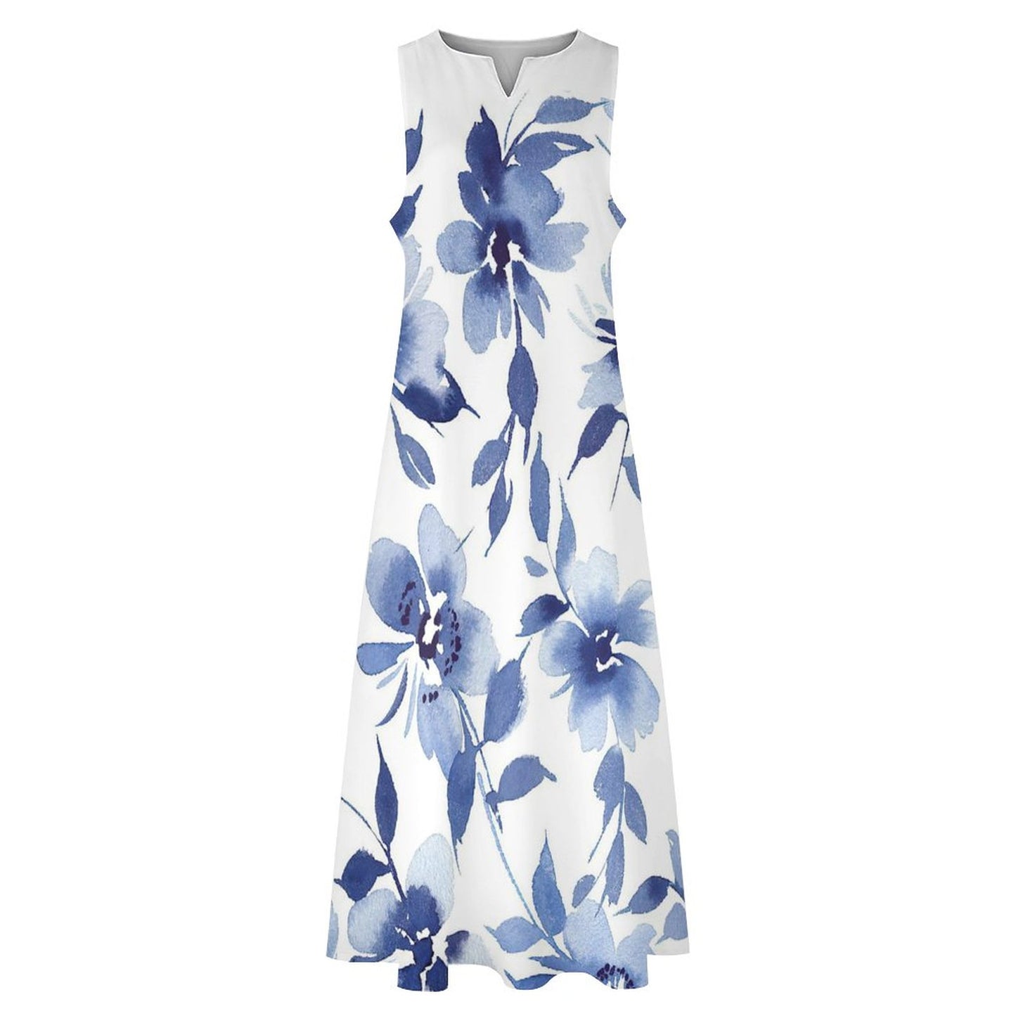 Elegant White Sleeveless Ankle-Length Dress with Blue Butterflies | Women's Dress