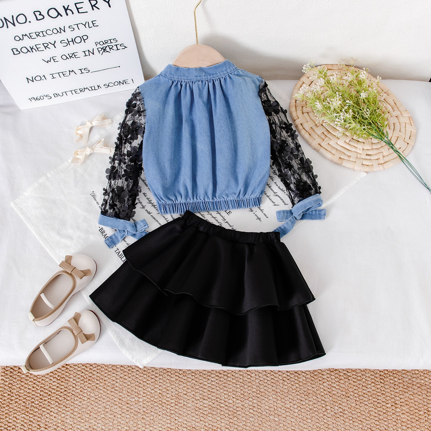 Hollow-out Long Sleeve Girls Dress Two-Piece Set – Trendy Fall Fashion Outfit for Stylish Little Girls