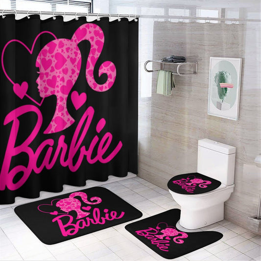 Pink and Black Melanin Doll House Barbie Collection Shower Curtain Set with 3 Rugs / Guest Bathroom/ Girls Bathroom