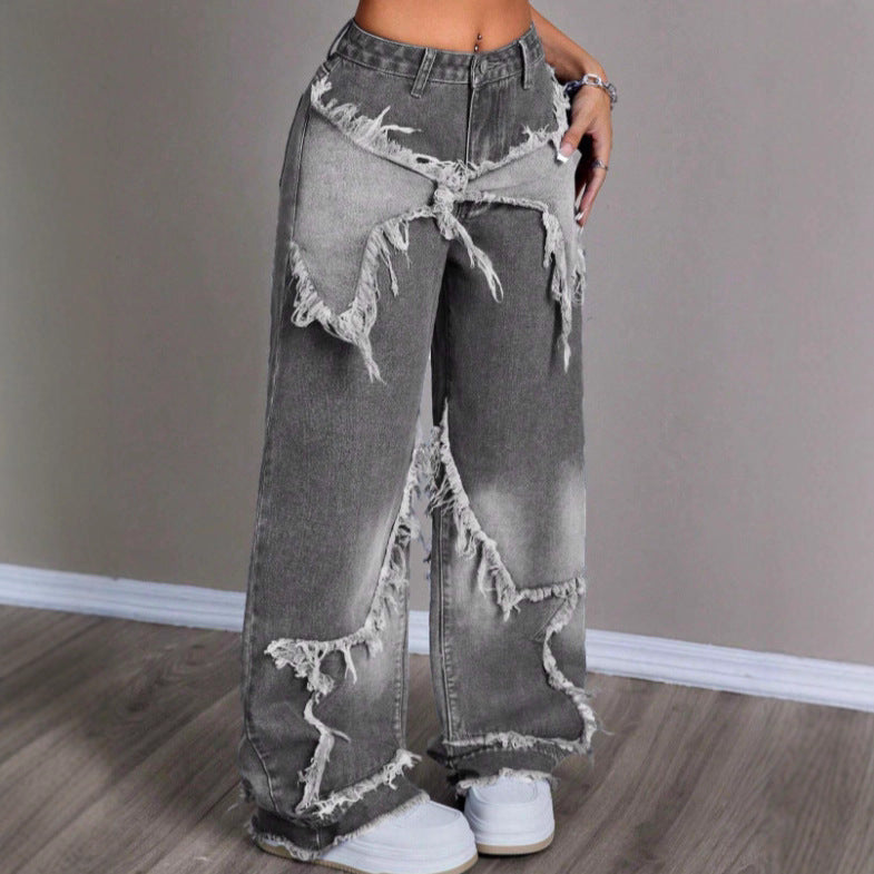 Retro Star Patchwork Heavy Wash Women's Jeans – Trendy Vintage Denim for Bold Fashion Lovers