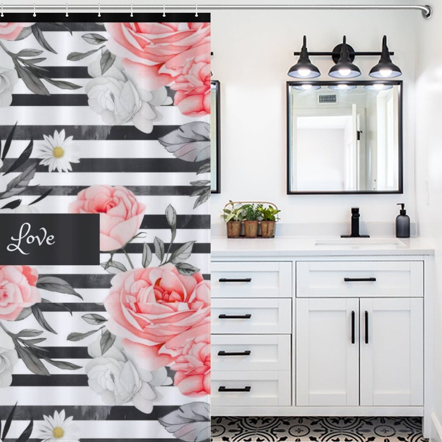 Floral Love Shower Curtain | Elegant Bathroom Decor, Gift for Home Lovers, Wedding, Modern Style, Floral Theme, Romantic Bathroom Accent