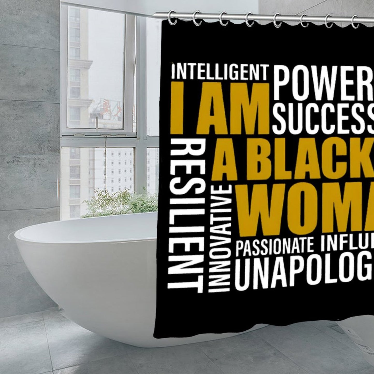 I Am A Black Woman Affirmation Shower Curtain – Empowering Melanin Bathroom Decor | Motivational Quotes | Luxury Black Gold Bath Curtain