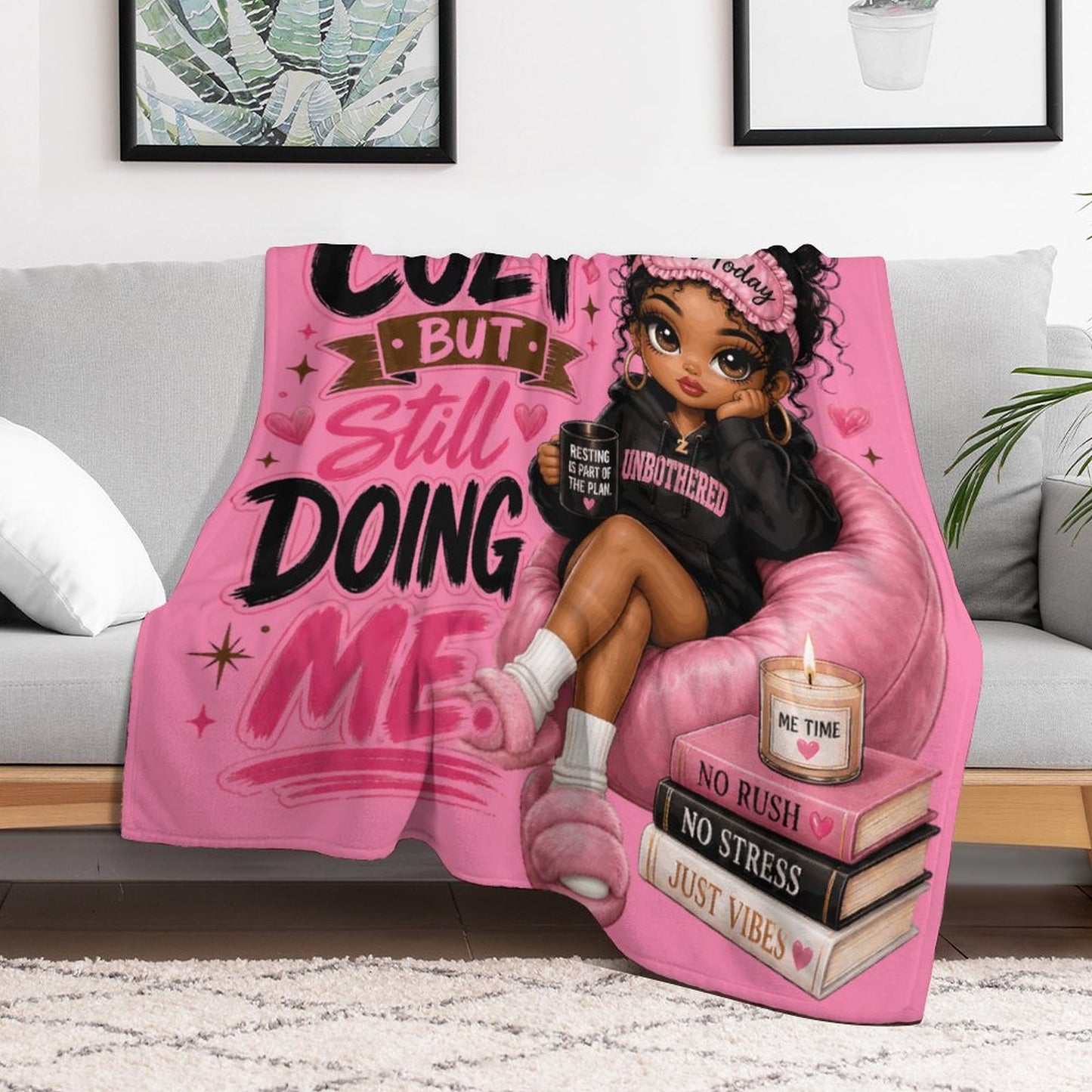 Cozy But Still Doing Me Flannel Throw Blanket – 60"x80" | Pink Black Girl Self-Care Blanket | 250gsm Soft Plush Oversized Blanket