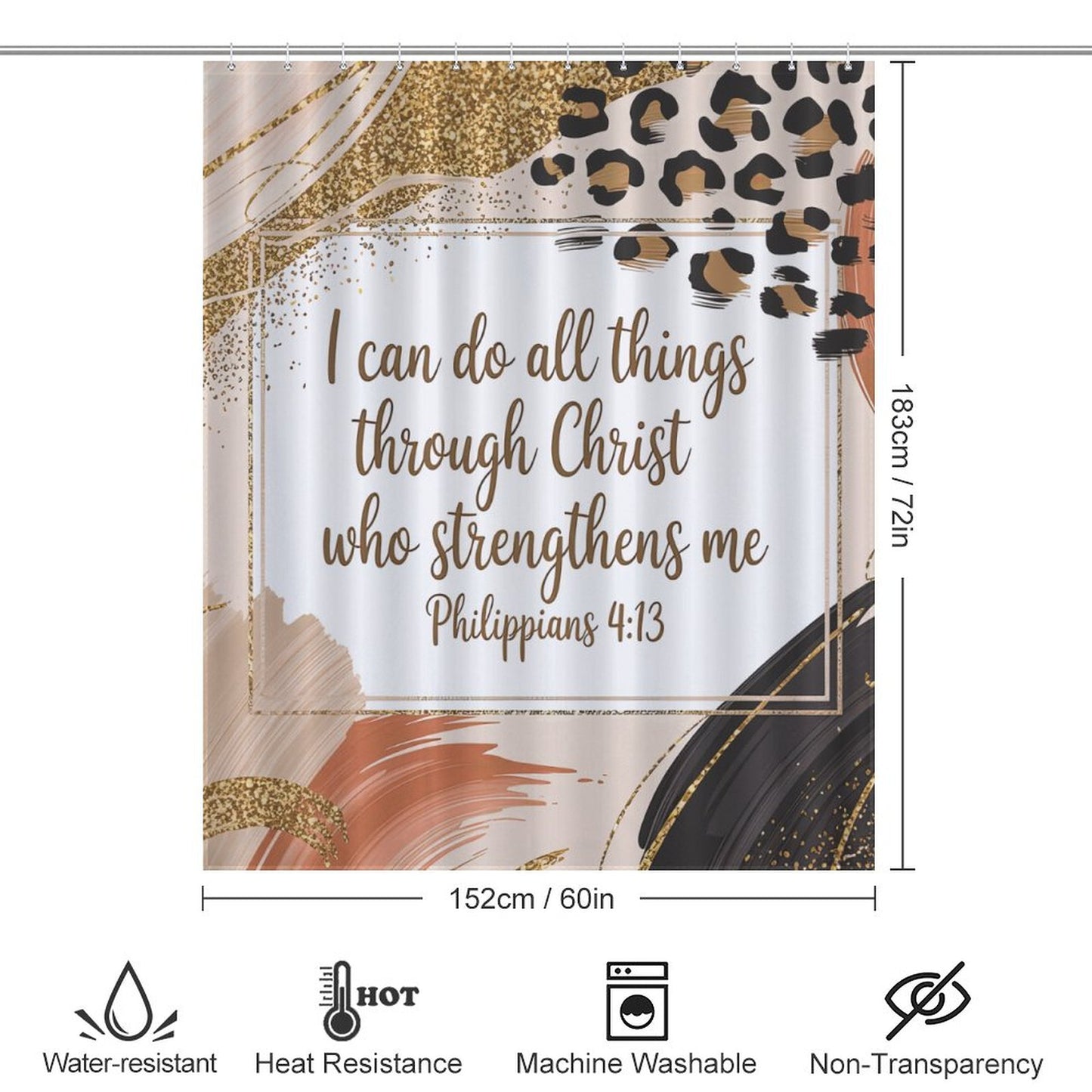 Philippians 4:13 Shower Curtain – Pink, Gold & Leopard Print | Inspirational Bible Verse Bathroom Decor | Christian Faith Home Accent