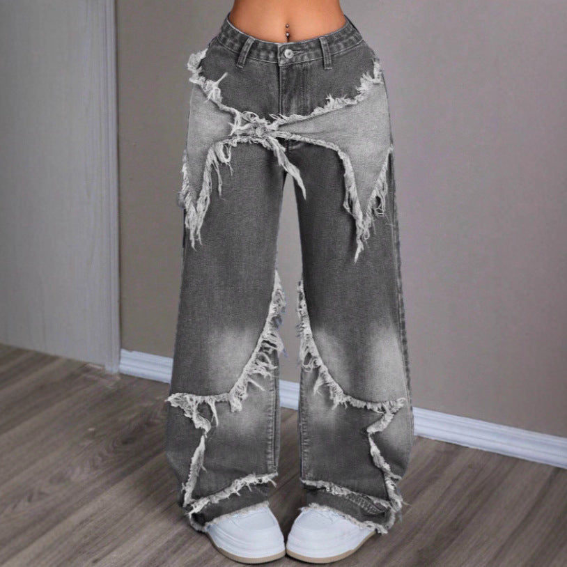 Retro Star Patchwork Heavy Wash Women's Jeans – Trendy Vintage Denim for Bold Fashion Lovers