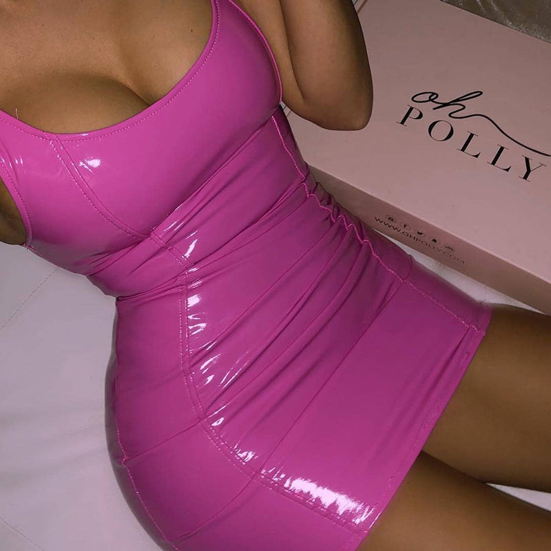 Sexy Solid Color Leather Sling Dress for Women – Bodycon Party Dress, Tight Hip Skirt, Clubwear