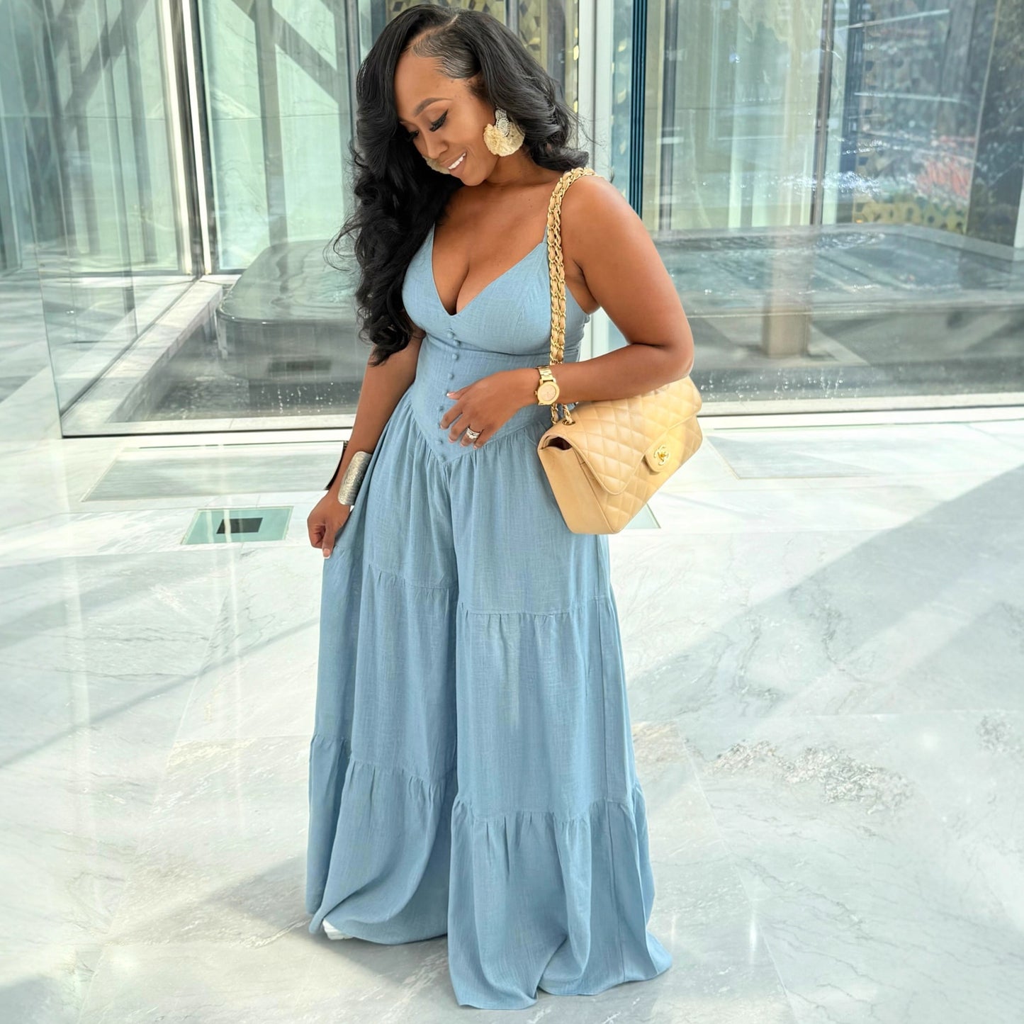 Women’s Deep V-Neck High Waist Jumpsuit – Sexy Elegant Wide Leg Romper, Long Sleeve Bodycon One Piece Outfit, Night Out Clubwear