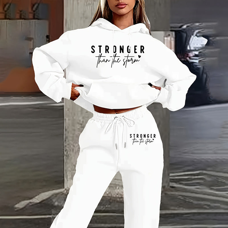 Women's Solid 2-Piece Letter Print Hoodie & Jogger Set – Casual Tracksuit with Pocket & Drawstring Pants | Stylish Lounge wear Outfit