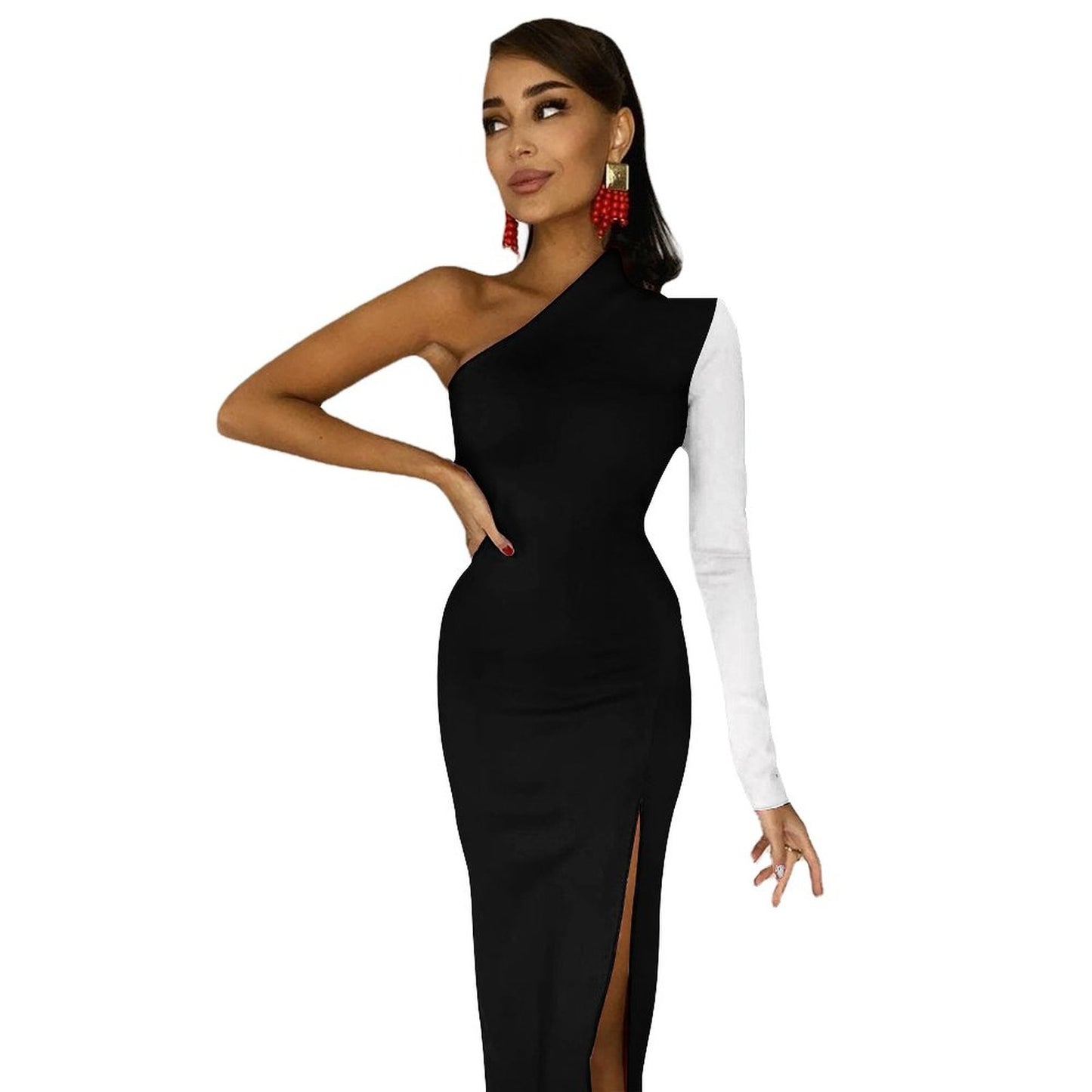 Black and White Evening Gown One Shoulder Split Dress