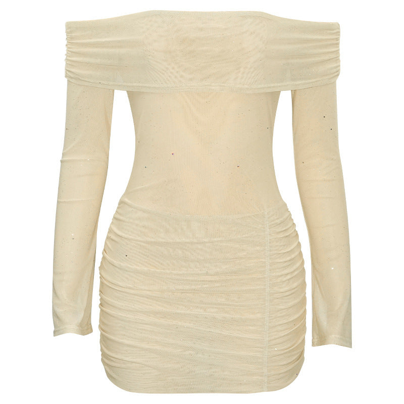Ladies’ Solid Color Off-Shoulder Sexy Mesh Slim Fit Pleated Short Dress – Elegant Party & Night Out Outfit