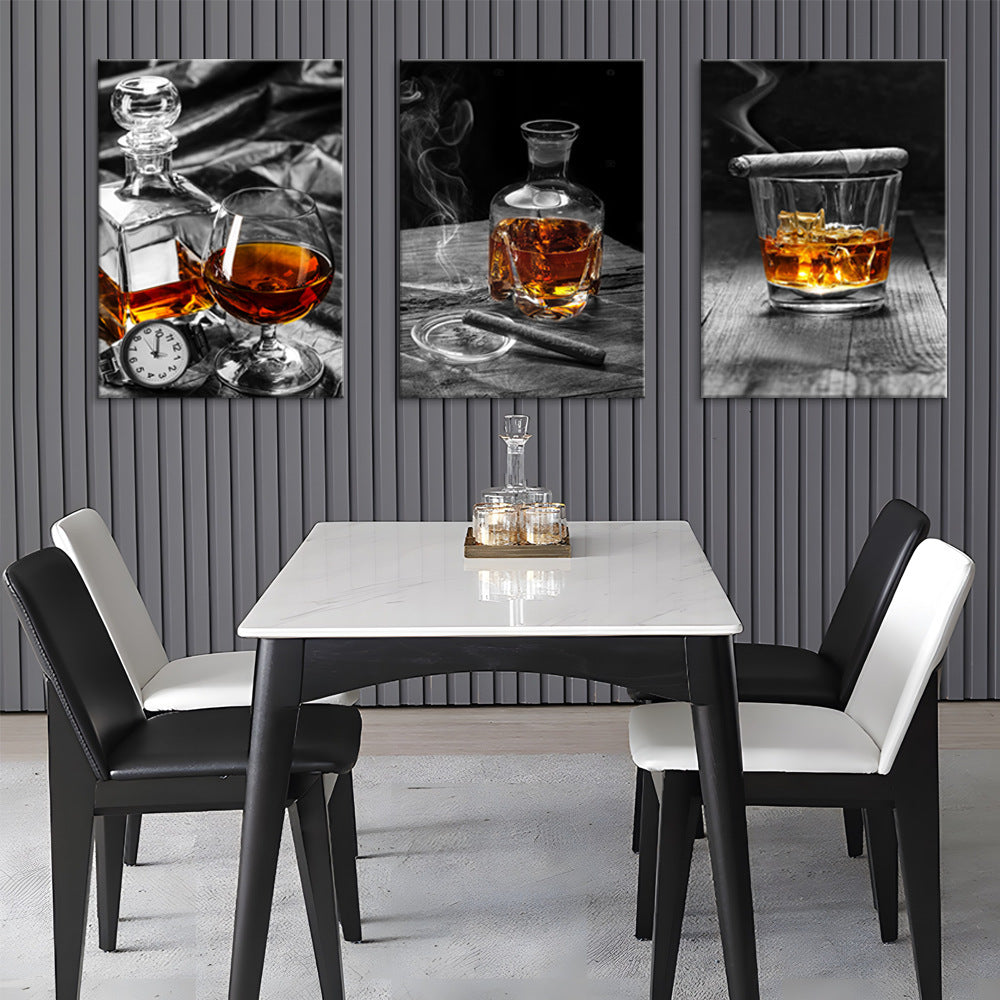 Vodka & Wine Glass Still Life Triple Oil Painting / Elegant Bar Wall Art for Home & Lounge Décor