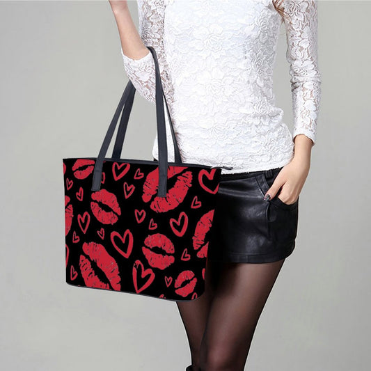 Chic & Bold: Women's Black Tote Bag with Kiss Lips and Hearts