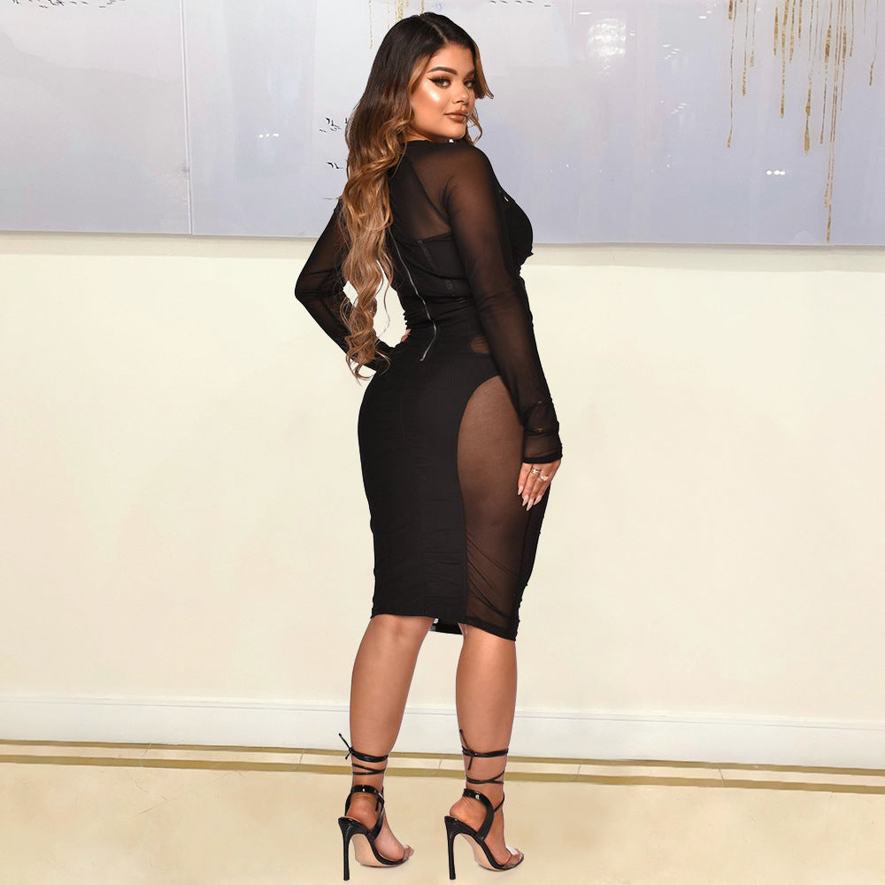 Sexy See-Through Tied Dress for Women – Sheer Mesh Bodycon Mini Dress, Adjustable Tie-Up Detail, Clubwear Night Out Outfit