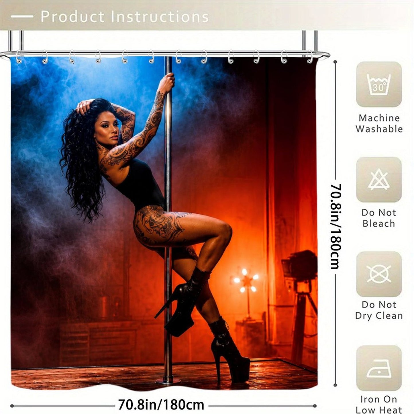 Tattooed Pole Dancer Shower Curtain, Sexy Gothic Bathroom Decor, Romantic Moody Bathroom Curtain, Alternative Bathroom Art, Edgy Tattoo Woman Bath Decor