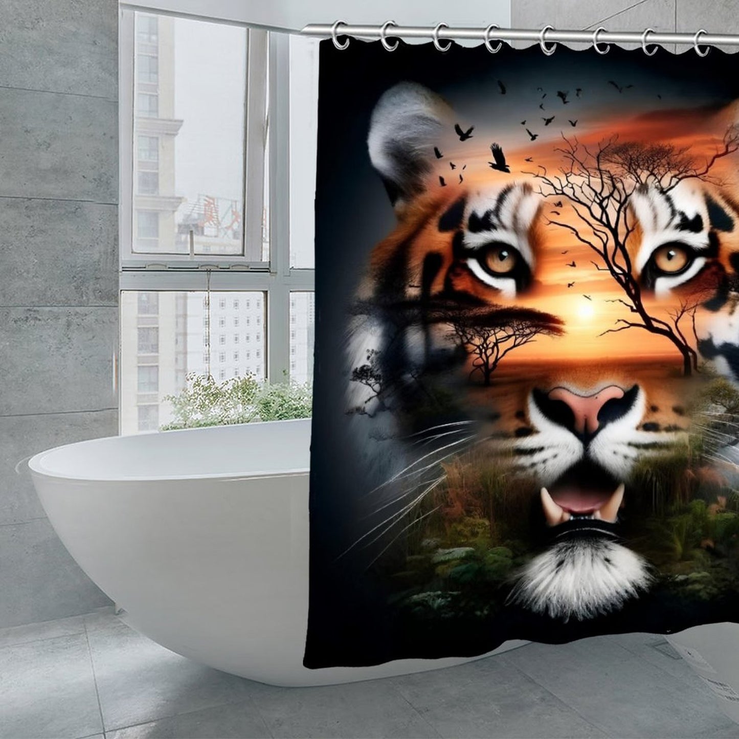 Mystical Tiger Sunset Shower Curtain, Masculine Wildlife Bathroom Decor, Safari Tiger Bath Curtain, Nature Animal Bathroom Set, Rustic Modern Bath Art