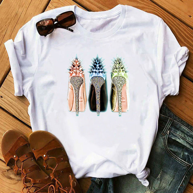Women's High Heels Pattern Cute Loose Top T-shirt