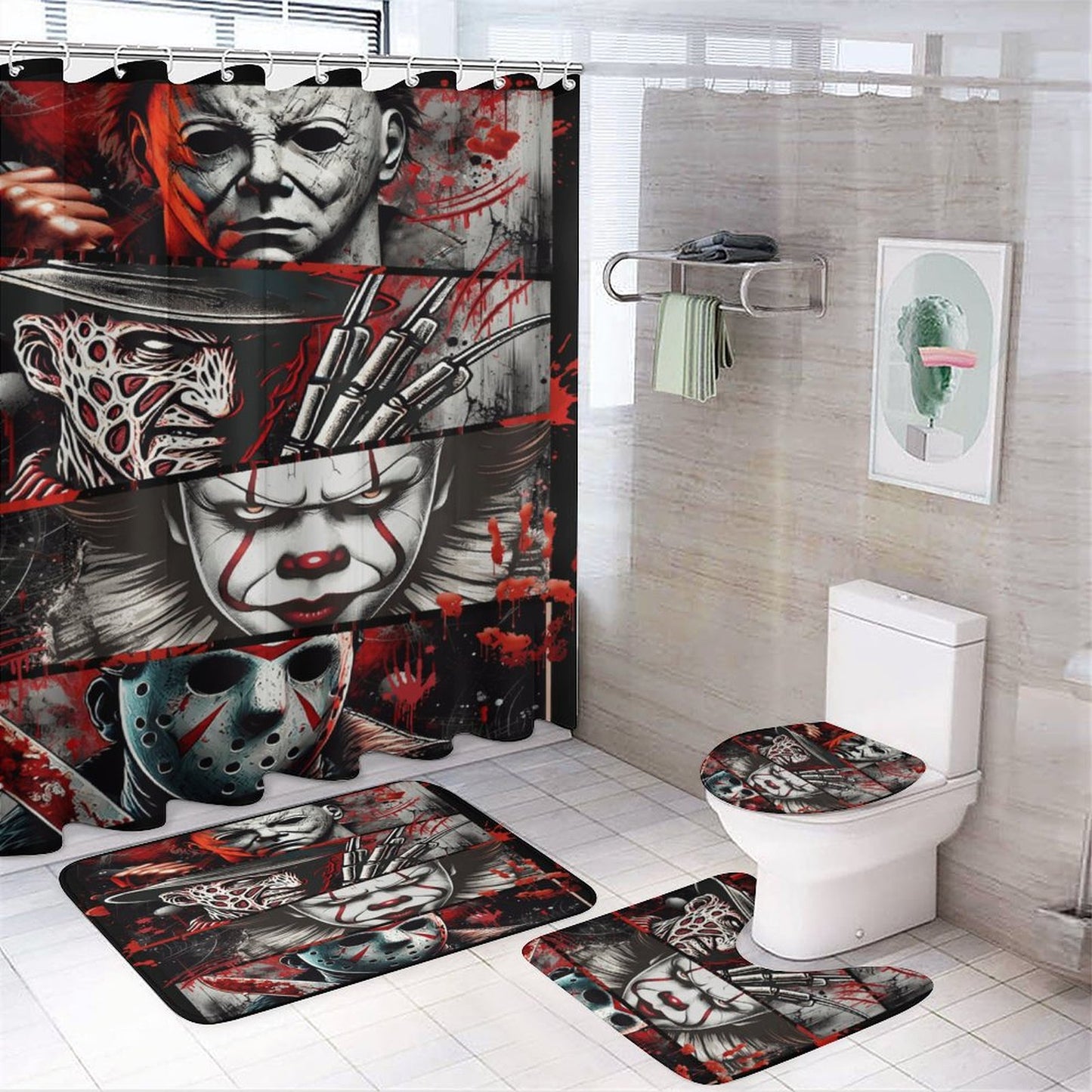 Horror Movie Characters Shower Curtain Set with 3 Rugs