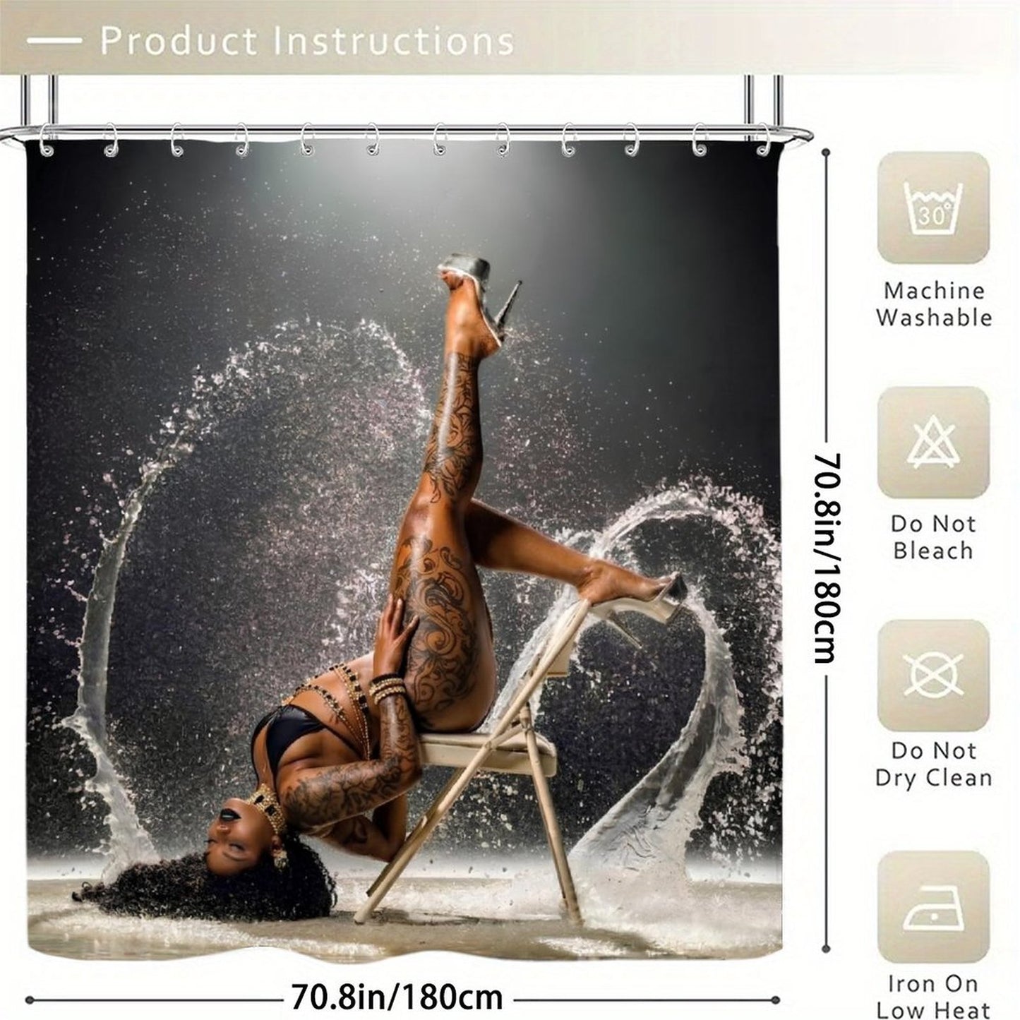 Luxury Black & Gold Tattoo Goddess Shower Curtain Set | Glam Bathroom Decor | Waterproof Modern Bathroom Curtain | Bold Sexy Spa Aesthetic