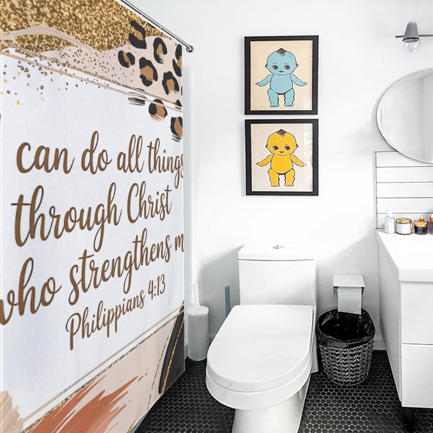 Philippians 4:13 Shower Curtain – Pink, Gold & Leopard Print | Inspirational Bible Verse Bathroom Decor | Christian Faith Home Accent
