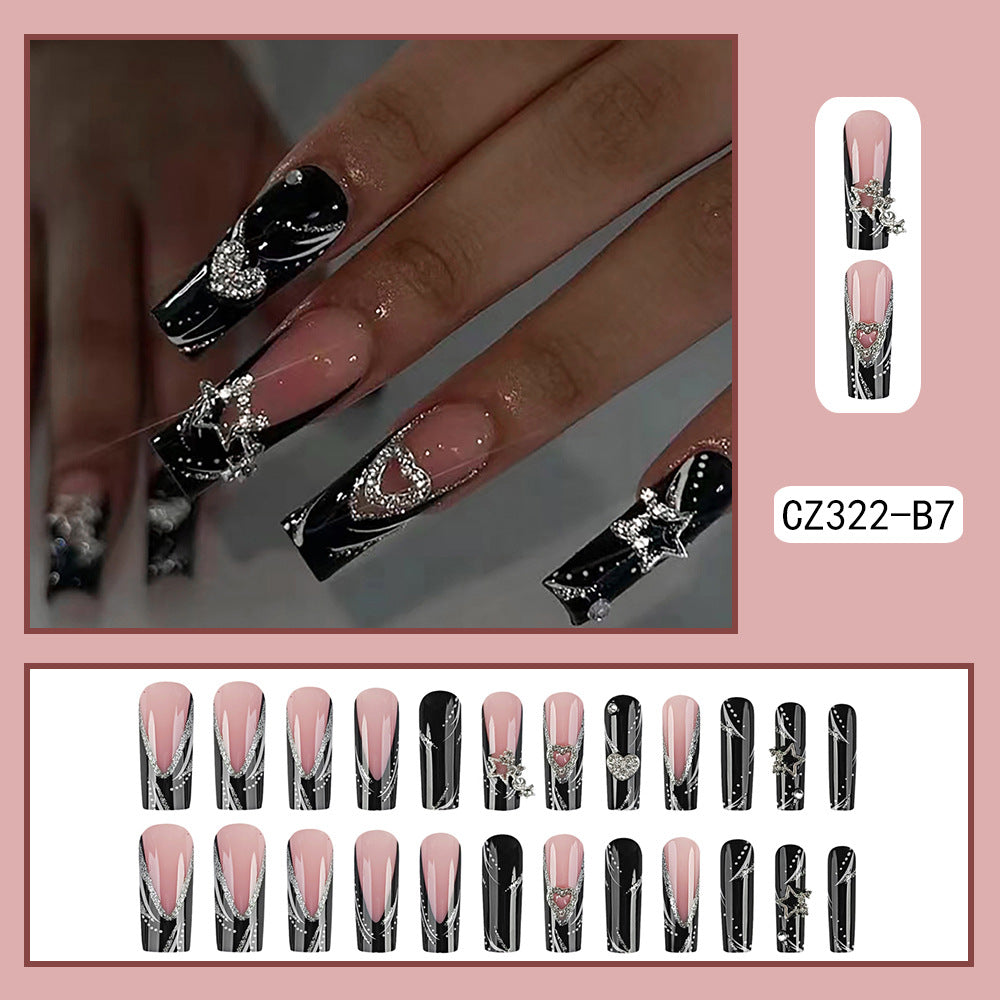 Black & Blush Pink Rhinestone Press-On Nails – Long Square French Tip Bling Nails with Heart & Star Charms | Luxury Glam Nail Set
