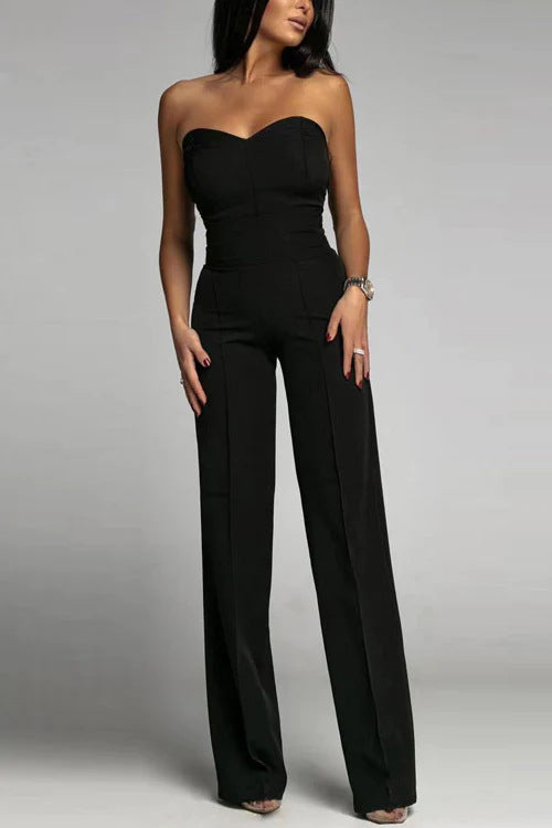 Women’s Slim-Fit Tube Top Straight Leg Jumpsuit – Chic Strapless One-Piece Outfit