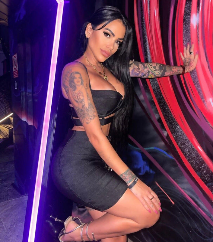 Sexy Spaghetti-Strap Camisole Top & Belt Buckle Miniskirt Set – Trendy Two-Piece Midriff Outfit for Women | Streetwear Clubwear Fashion