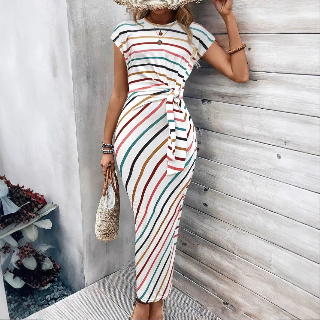 Elegant Striped Waist Strap Two-Piece Dress Set – Round Neck Short Sleeve & Long Skirt for Women