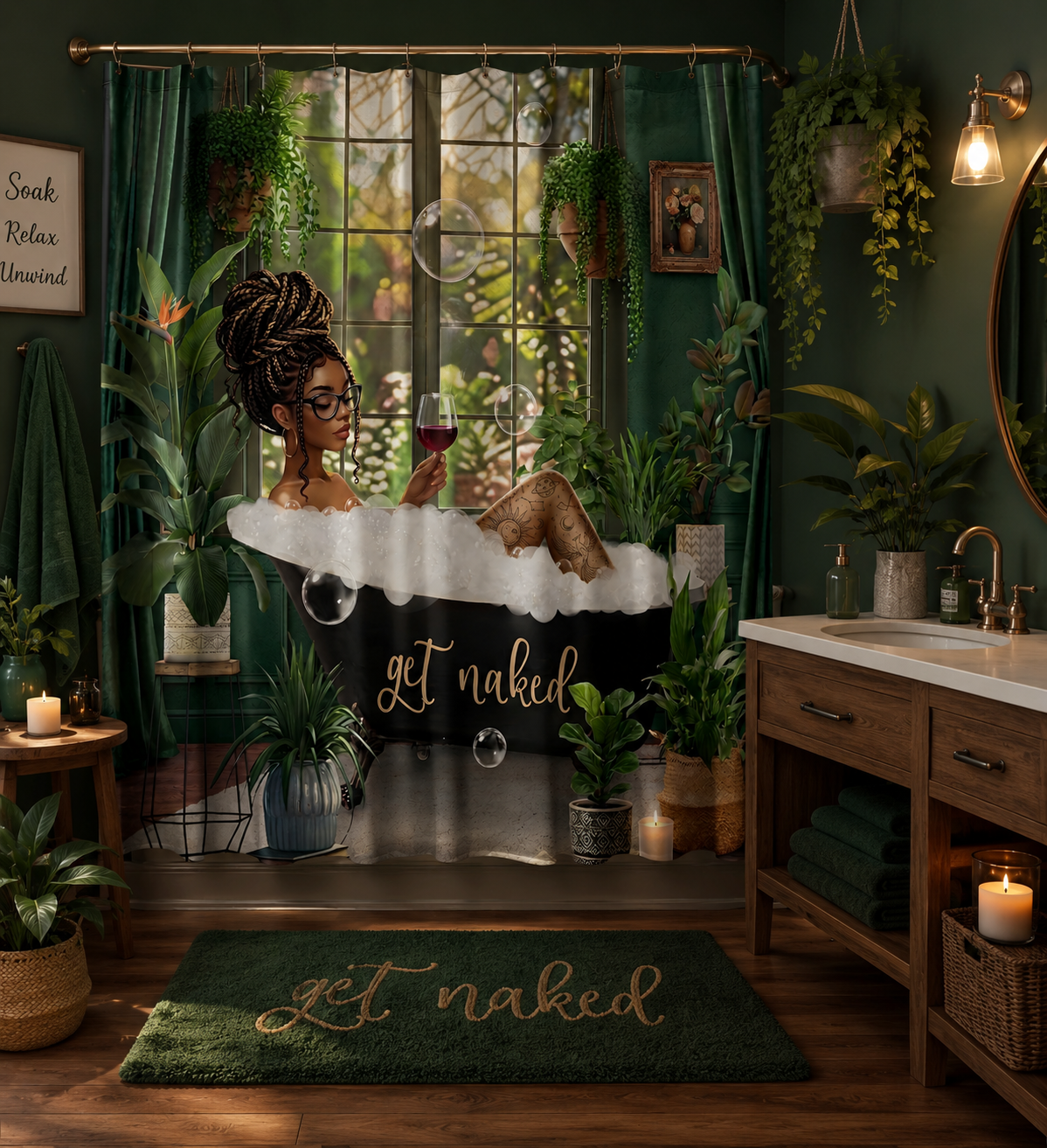 Boho Black Girl Shower Curtain Set, Green Botanical Bathroom Decor, Afro Queen Bubble Bath Curtain, Melanin Bathroom Aesthetic, Get Naked Bath Decor