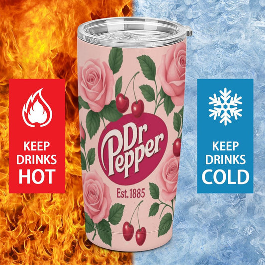 Dr. Pepper Floral Tumbler with Straw | Vintage Cherry Rose Insulated Travel Cup | 20oz Stainless Steel Tumbler for Soda Lovers
